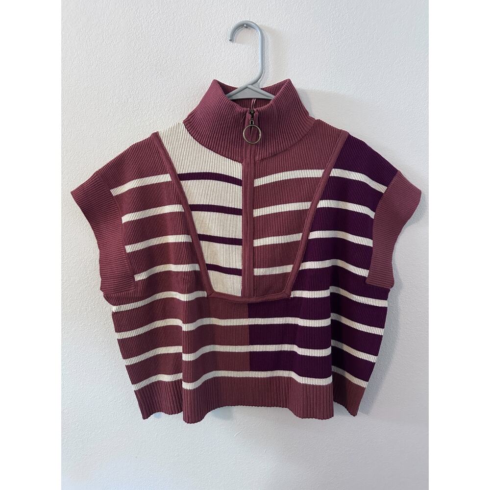Entro Anthroplogie womens size large cropped vest half zip stripped pink red